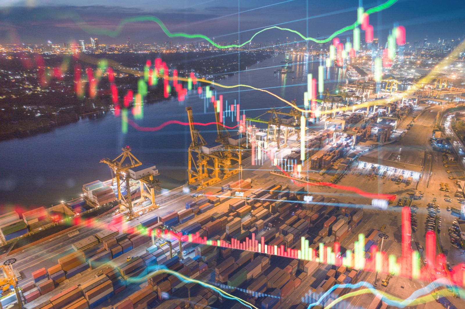 A shipping port overlaid with financial chart visuals