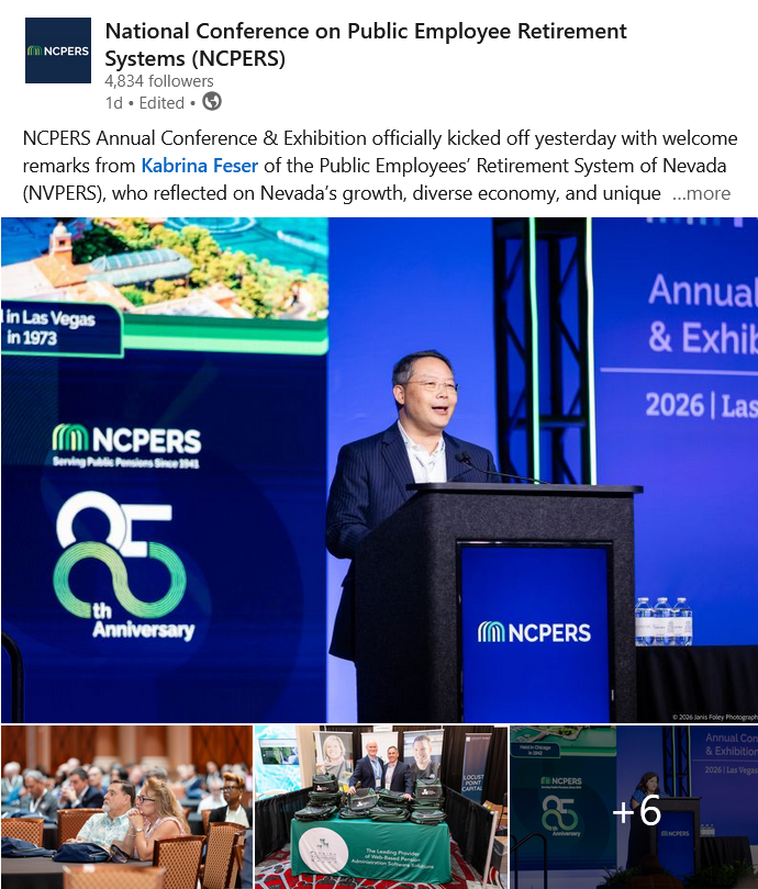 Screenshot of a LinkedIn post from NCPERS showing presenters on stage, audience participants, and exhibitors from the 2026 Annual Conference & Exhibition (ACE)