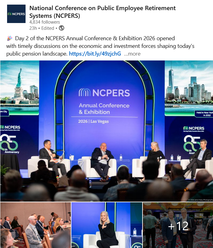 Screenshot of a LinkedIn post from NCPERS showing presenters on stage, audience participants, and exhibitors from the 2026 Annual Conference & Exhibition (ACE)