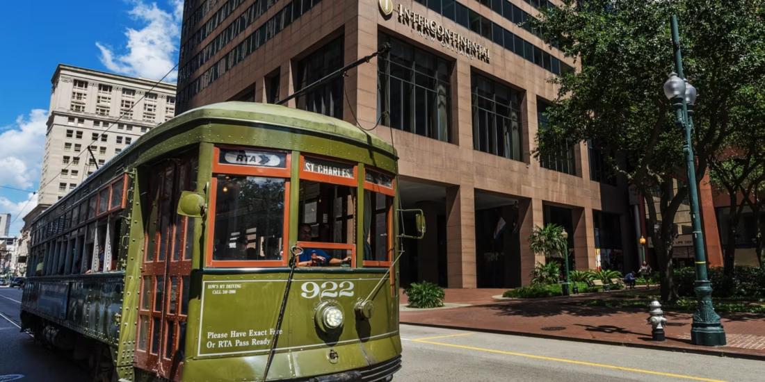 Exterior photo of the InterContinental hotel with a streetcar