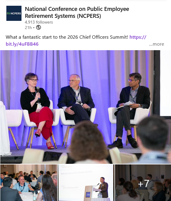Screenshot of a NCPERS LinkedIn post from day one of the summit with a large photo of three presenters on stage and three smaller photos below