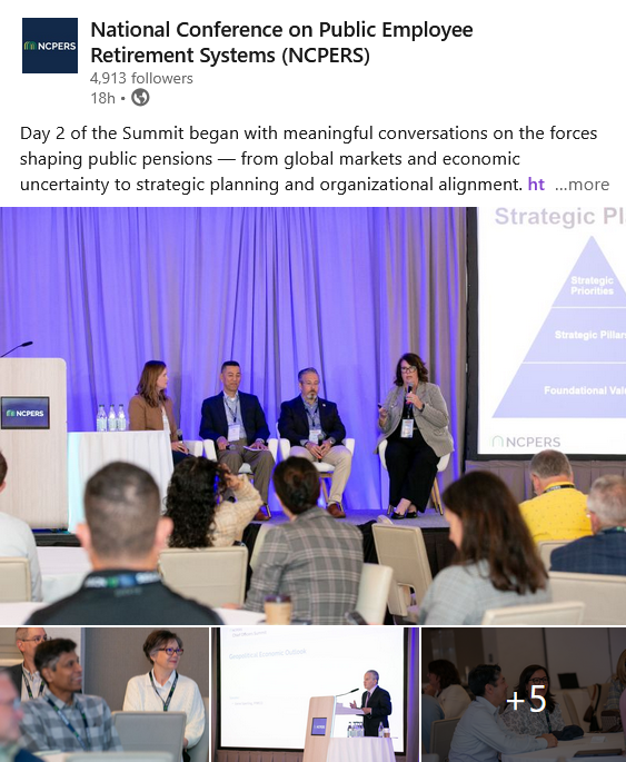 Screenshot of a NCPERS LinkedIn post from day two of the summit with a large photo of four presenters on stage and three smaller photos below