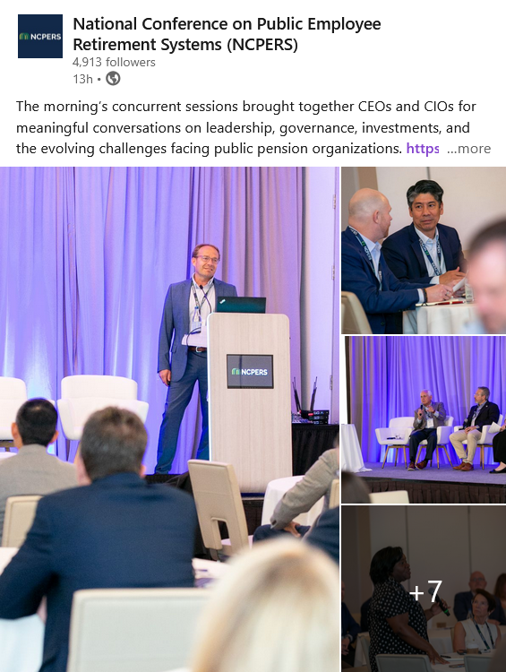 Screenshot of a NCPERS LinkedIn post from day two of the summit with a large photo vertical of a presenter on stage and three smaller photos to the right