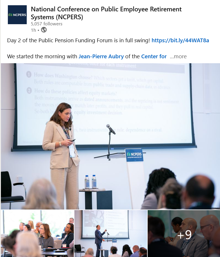 Screenshot of a NCPERS LinkedIn post from day two of the Forum, with a large photo of a presenter speaking beside a podium in front of a projected slide and three smaller photos in a row below