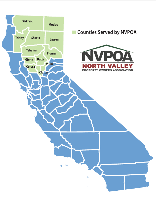 Map of California with the counties NVPOA serves highlighted in green