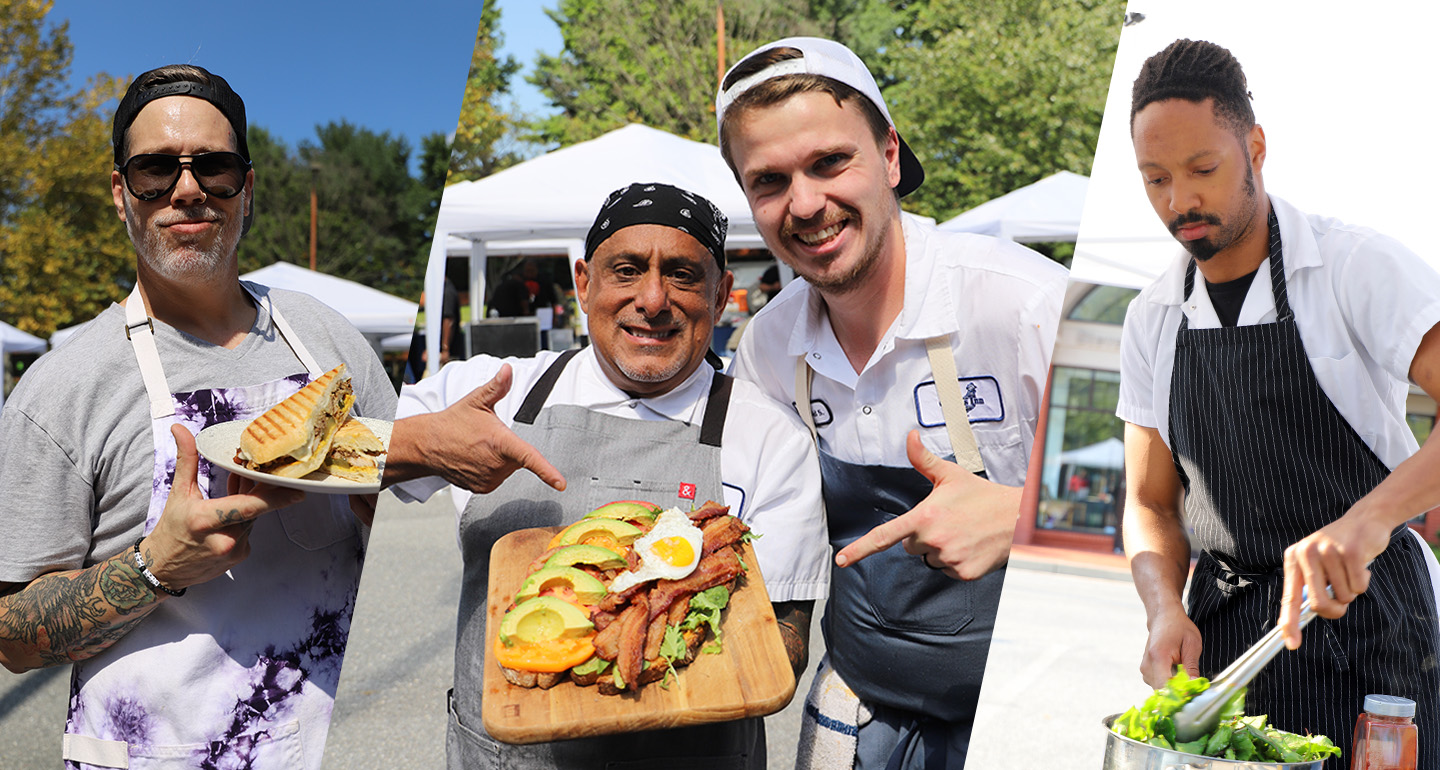 Four chefs cooking in three separate competitions