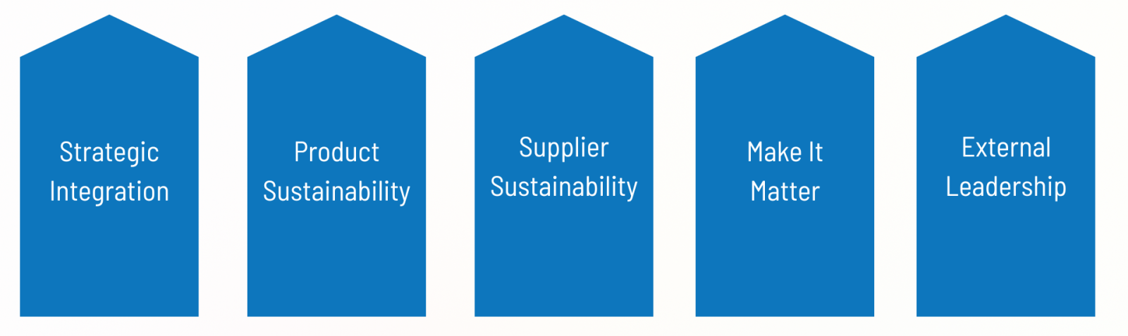 Strategic Integration, Product Sustainability, Supplier Sustainability, Make it Matter, and External Leadership
