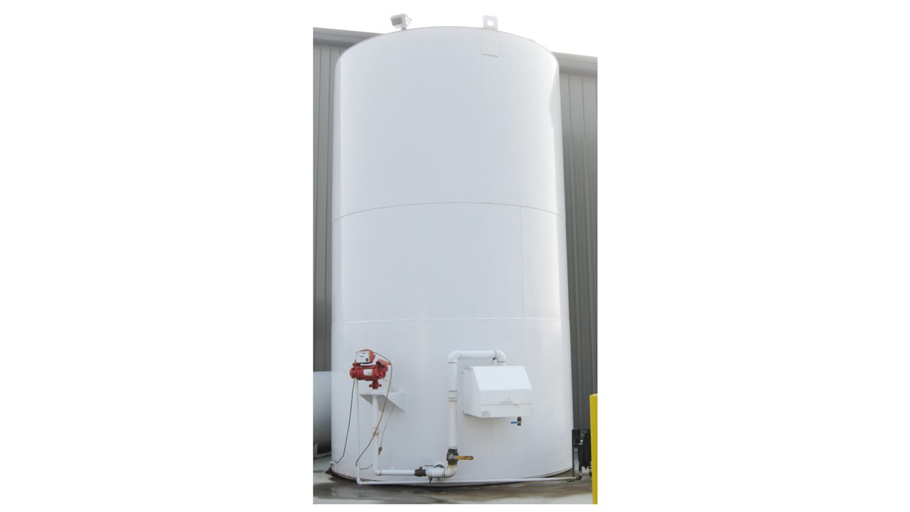 Vertical 10,000 gallon tank with spill containment and a pump shipped turn-key